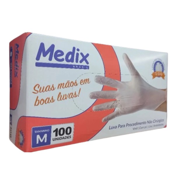 Luva de vinil medix com pó m com 100 unidades