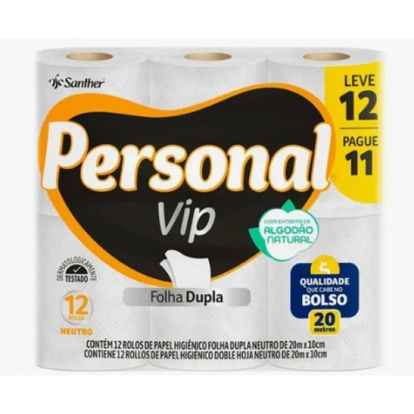 Papel Higiênico Personal Folha Dupla Neutro Vip 20m c/12 rolos 